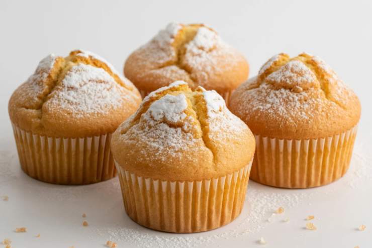 Andiamo adesso a versare il composto nei classici pirottini da muffin avendo cura di lasciare un dito di spazio dal bordo. Sistemiamo nel cestello della friggitrice ad aria (a due o a tre alla volta a seconda della capienza) e cuociamo a 160 gradi per circa un quarto d’ora. Una volta cotti e dorati spolveriamo con lo zucchero a velo ed eccoli pronti da gustare.