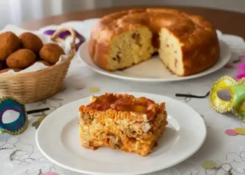 Tavola di Carnevale imbandita con una porzione di lasagna napoletana, un babà rustico soffice e un cestino di polpette fritte, decorata con mascherine colorate e coriandoli su tovaglia di pizzo bianca.
