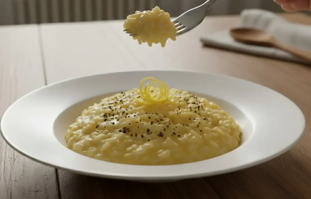 Risotto al limone e pepe nero cremoso servito in un piatto bianco, ricetta sgonfiante e purificante.