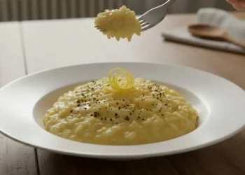 Risotto al limone e pepe nero cremoso servito in un piatto bianco, ricetta sgonfiante e purificante.