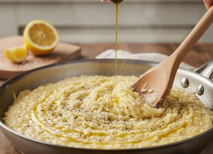 Spegnete il fuoco quando il riso è al dente, aggiungete il succo di mezzo limone, il parmigiano, un filo d’olio a crudo ed il pepe. Coprite e lasciate riposare 2 minuti prima di servire dopo averlo mantecato velocemente: buon appetito!