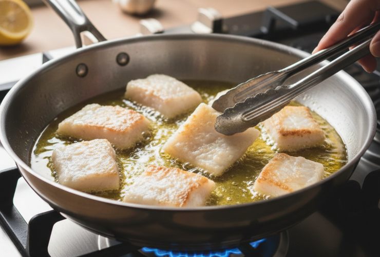 In una padella dal fondo spesso e ampia, scaldate abbondante olio evo: appena sarà ben caldo (ma non fumante), sigillate i pezzi di baccalà per un paio di minuti per lato a fuoco medio alto. Non devono cuocersi, solo prendere un bel colore dorato e formare una leggera crosticina: si crea una barriera che trattiene i succhi all’interno e impedisce al pesce di indurirsi. Fatto ciò togliete il baccalà e mettetelo da parte.