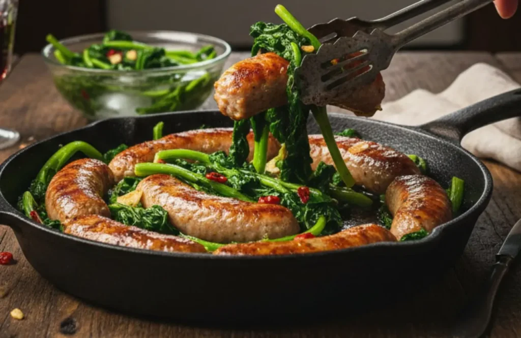salsicce-e-friarielli-in-padella-trucco-meno-amaro Padella in ghisa con salsicce rosolate e friarielli napoletani di un verde brillante, una mano con pinze solleva una salsiccia, calice di vino rosso e cucina rustica sullo sfondo.