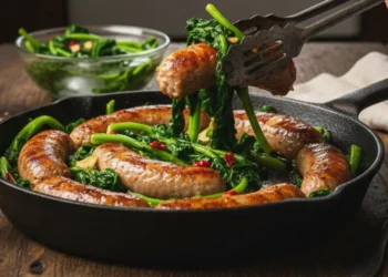 Padella in ghisa con salsicce rosolate e friarielli napoletani di un verde brillante, una mano con pinze solleva una salsiccia, calice di vino rosso e cucina rustica sullo sfondo.