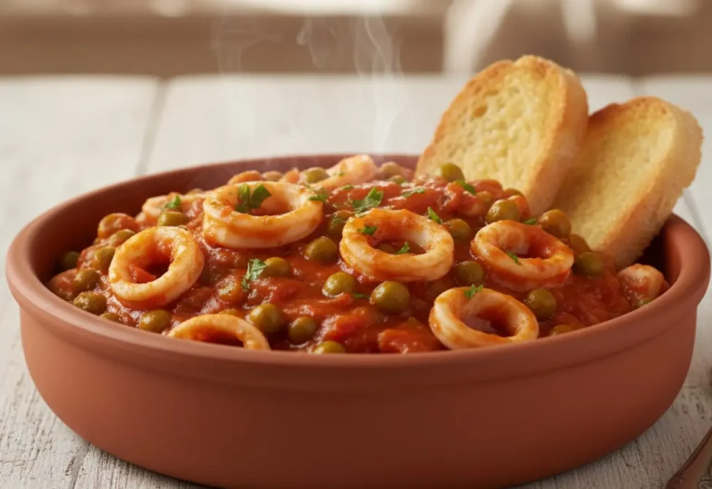 Ciotola di terracotta con seppie e piselli in umido, sugo di pomodoro cremoso e denso, fette di pane tostato, stile rustico.