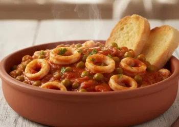 Ciotola di terracotta con seppie e piselli in umido, sugo di pomodoro cremoso e denso, fette di pane tostato, stile rustico.