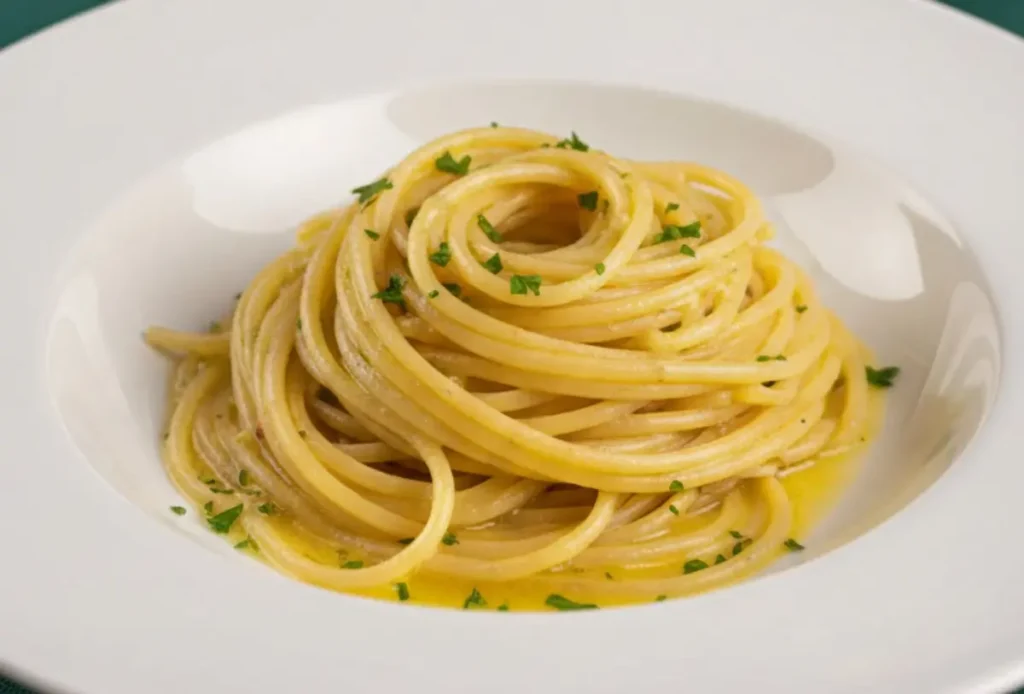 Primo piano di spaghetti aglio e olio cremosi con prezzemolo fresco in un piatto di porcellana bianca, su tovaglia verde a linee bianche con casseruola sullo sfondo.