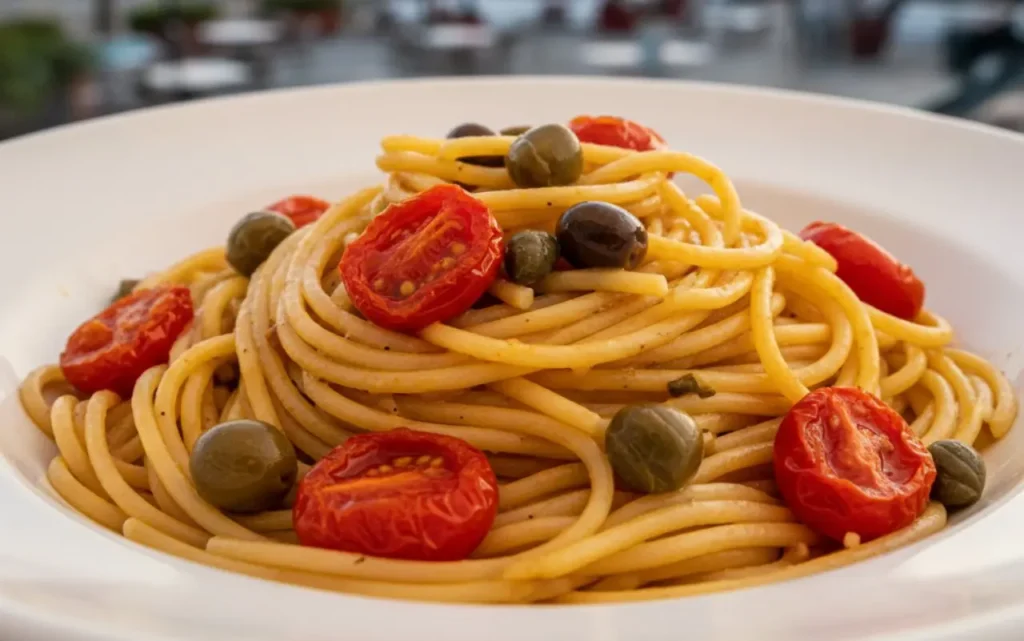 Un piatto di spaghetti alla sanremese con pomodorini datterini, olive taggiasche e capperi, servito su una terrazza vista mare a Sanremo durante il Festival