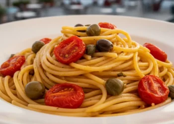 Un piatto di spaghetti alla sanremese con pomodorini datterini, olive taggiasche e capperi, servito su una terrazza vista mare a Sanremo durante il Festival