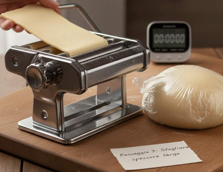 Prendete quindi un pezzetto di impasto (tenete il resto sempre coperto dalla pellicola, perché il Nutrifree secca subito!). Passatelo nella macchina per la pasta allo spessore più largo, poi ripiegate la striscia ottenuta in tre su sé stessa facendo delle pieghe, ruotatela di 90 gradi e ripassatela. Ripetete questa operazione per 4 volte: questo passaggio sostituisce la maglia glutinica e crea le stratificazioni necessarie per le bolle.
