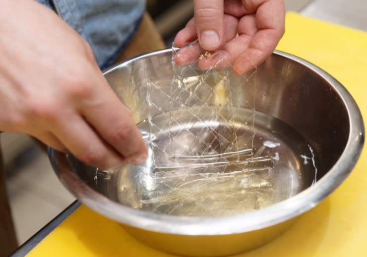 Mettiamo i fogli di gelatina in acqua fredda per una decina di minuti e, intanto, riversiamo il formaggio spalmabile in una ciotola unendo lo zucchero e la vanillina e lavoriamo con una frusta;