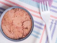 Una forchetta solleva un pezzo di tonno da una scatoletta di latta aperta, accanto a un vasetto di vetro con filetti di tonno compatti in olio.