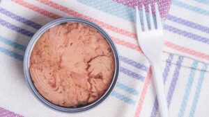 test-forchetta-tonno-scatola-marche-peggiori Una forchetta solleva un pezzo di tonno da una scatoletta di latta aperta, accanto a un vasetto di vetro con filetti di tonno compatti in olio.