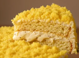 Torta Mimosa morbidissima ricoperta di soffice pan di spagna sbriciolato, fetta tagliata con cuore di crema diplomatica e pezzetti di ananas.