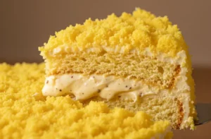 Torta Mimosa morbidissima ricoperta di soffice pan di spagna sbriciolato, fetta tagliata con cuore di crema diplomatica e pezzetti di ananas.