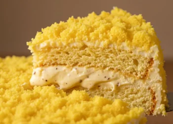 Torta Mimosa morbidissima ricoperta di soffice pan di spagna sbriciolato, fetta tagliata con cuore di crema diplomatica e pezzetti di ananas.