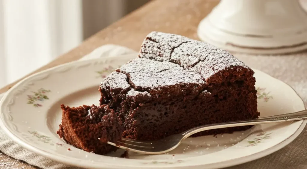 torta-tenerina-ferrarese-crosticina-perfetta-cuore-morbido Fetta di torta Tenerina al cioccolato con crosticina crepata in superficie e interno umido, servita su piatto shabby chic con alzatina vintage sullo sfondo