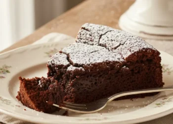 Fetta di torta Tenerina al cioccolato con crosticina crepata in superficie e interno umido, servita su piatto shabby chic con alzatina vintage sullo sfondo