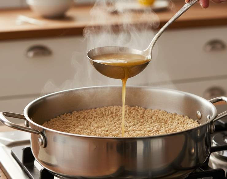 Scaldate una pentola dal fondo spesso e tostate il riso senza grassi per 2 minuti, quindi sfumate con il primo mestolo di brodo bollente. Continuate la cottura aggiungendo brodo solo quando il precedente sarà stato assorbito. A metà cottura, aggiungete la scorza grattugiata di un limone: non usate la parte bianca che darebbe un retrogusto amaro non gradito.