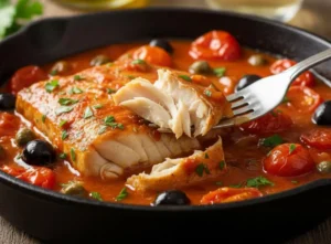 Dettaglio ravvicinato di una forchetta che solleva una scheggia di baccalà in umido tenerissimo, immerso in un sugo rosso di pomodorini, olive nere e capperi in una padella di ghisa.