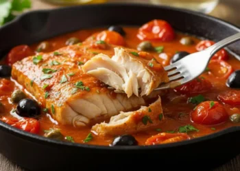 Dettaglio ravvicinato di una forchetta che solleva una scheggia di baccalà in umido tenerissimo, immerso in un sugo rosso di pomodorini, olive nere e capperi in una padella di ghisa.