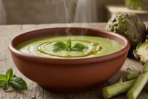 Ciotola di terracotta con vellutata di gambi di carciofo fumante, olio a crudo e menta su tavolo in legno con carciofi freschi e gambi crudi.