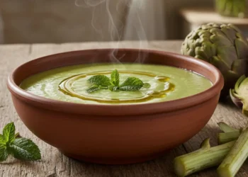 Ciotola di terracotta con vellutata di gambi di carciofo fumante, olio a crudo e menta su tavolo in legno con carciofi freschi e gambi crudi.