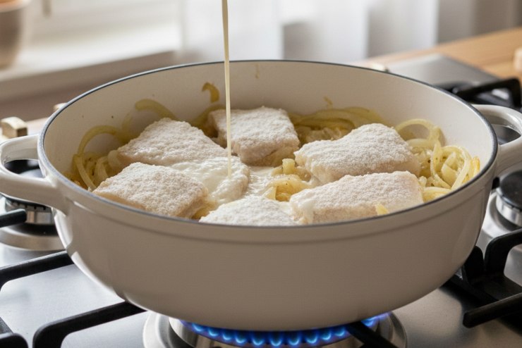 Coprite tutto con il latte ed una grattata di noce moscata. Prendete un foglio di carta forno bagnato e strizzato ed appoggiatelo direttamente sul pesce, poi chiudete con un coperchio pesante: questo crea un effetto camera di vapore che dimezza i tempi di cottura e blocca gli odori.&nbsp;