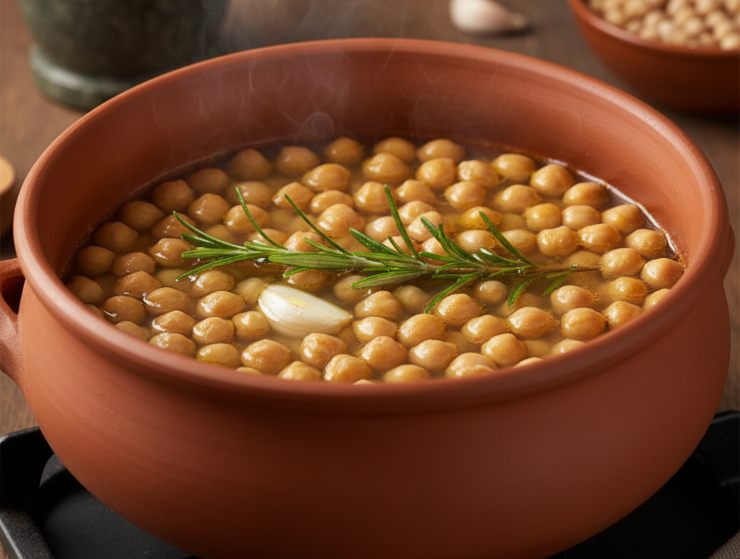 In una pentola di terracotta o dal fondo spesso, unite i ceci a un litro d’acqua o il loro brodo di cottura, lo spicchio d’aglio schiacciato ed un rametto intero di rosmarino.