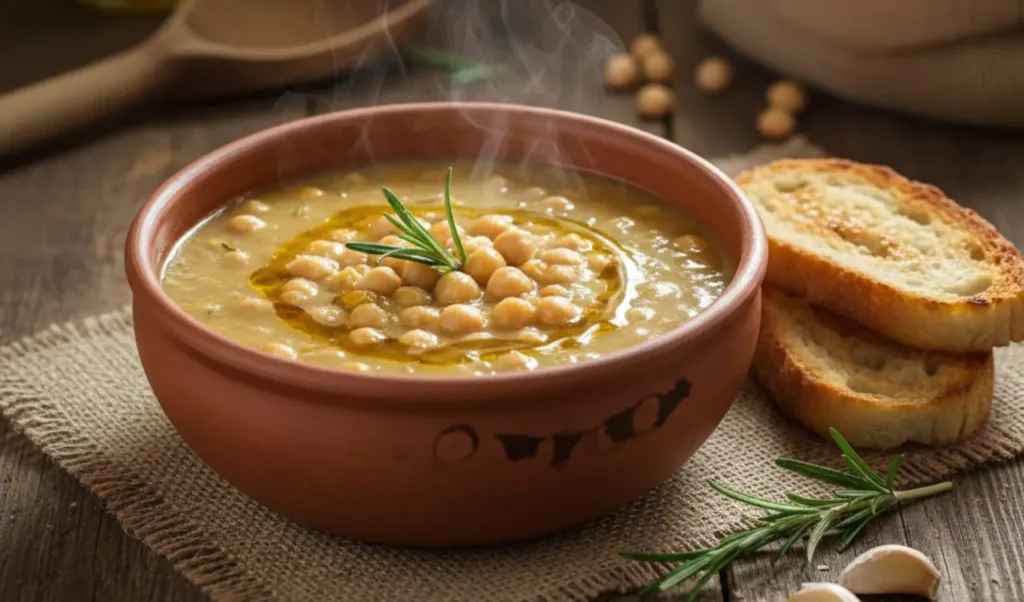 Zuppa di ceci e rosmarino in ciotola di terracotta con olio EVO a crudo, ricetta tradizionale detox.