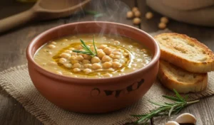 Zuppa di ceci e rosmarino in ciotola di terracotta con olio EVO a crudo, ricetta tradizionale detox.
