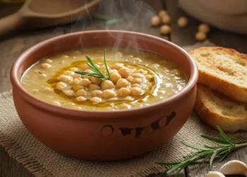 Zuppa di ceci e rosmarino in ciotola di terracotta con olio EVO a crudo, ricetta tradizionale detox.