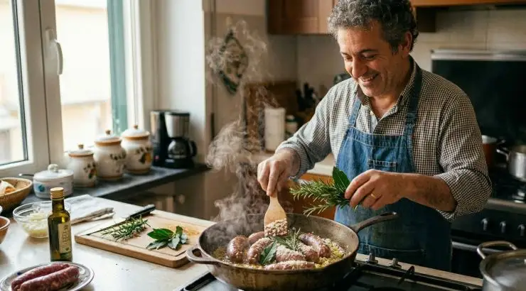 Nella stessa padella (sfruttando il grasso rilasciato dalle salsicce), aggiungete le cipolle, l’alloro ed il rosmarino. Se serve aggiungete un filo d’olio in più, poi salate e pepate subito per far uscire l’acqua delle cipolle. Fatele appassire a fuoco medio per circa 6/7 minuti, quindi rimettete le salsicce nella padella con le cipolle, alzate la fiamma e versate tutta la birra.