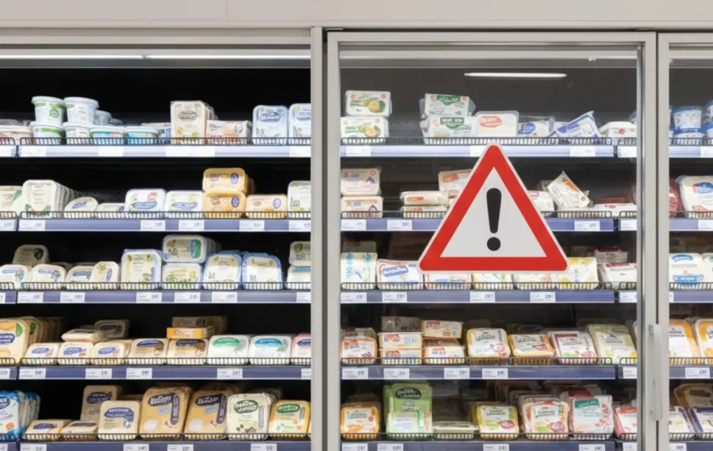 allerta-ministero-salute-latticini Banco frigo di un supermercato con latticini confezionati e un segnale di pericolo triangolare rosso con punto esclamativo sulla porta in vetro.