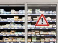 Banco frigo di un supermercato con latticini confezionati e un segnale di pericolo triangolare rosso con punto esclamativo sulla porta in vetro.