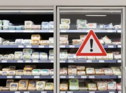 Banco frigo di un supermercato con latticini confezionati e un segnale di pericolo triangolare rosso con punto esclamativo sulla porta in vetro.