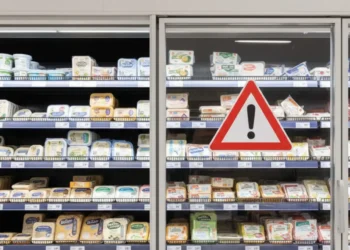 Banco frigo di un supermercato con latticini confezionati e un segnale di pericolo triangolare rosso con punto esclamativo sulla porta in vetro.