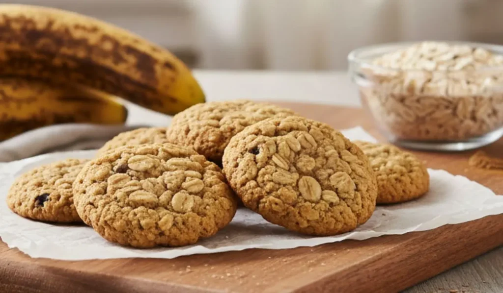 Vassoio in legno con biscotti dorati fatti di sola banana e avena, su carta forno, con banane mature e fiocchi d'avena in una ciotola sullo sfondo, luce naturale da una finestra.