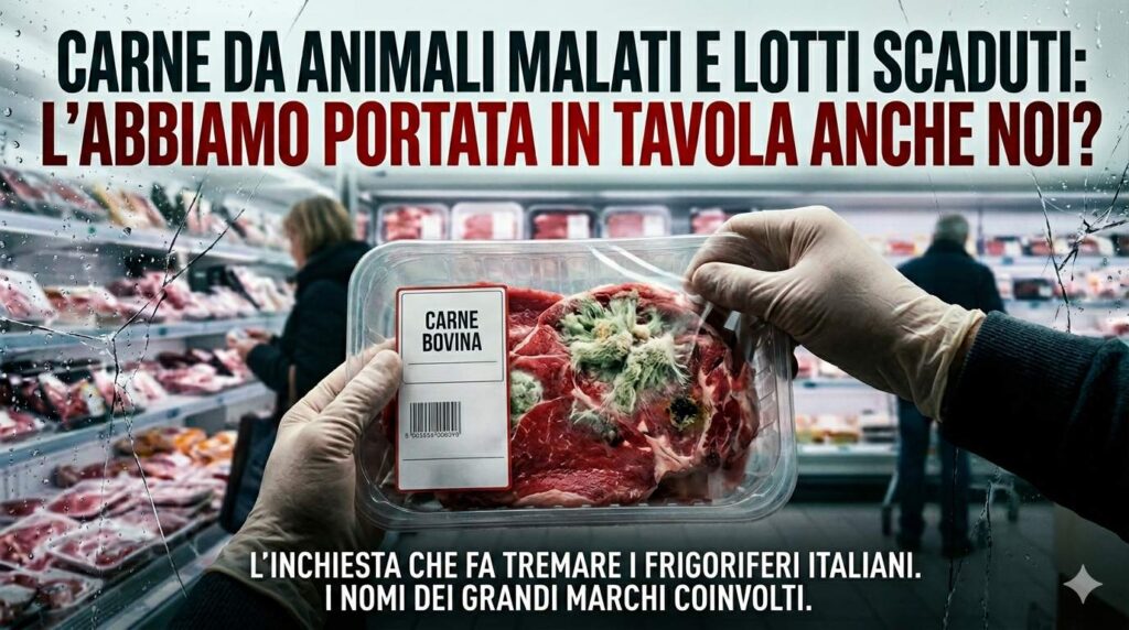 carne-animali-malati-lotti-scaduti-report Inchiesta Report: mani con guanti tengono confezione di carne bovina con muffa e segni di deterioramento in un supermercato.