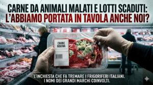 Inchiesta Report: mani con guanti tengono confezione di carne bovina con muffa e segni di deterioramento in un supermercato.