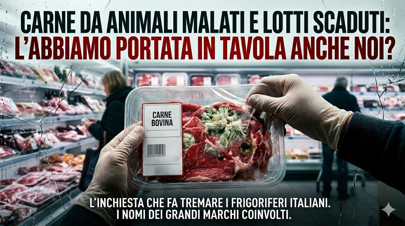 Inchiesta Report: mani con guanti tengono confezione di carne bovina con muffa e segni di deterioramento in un supermercato.
