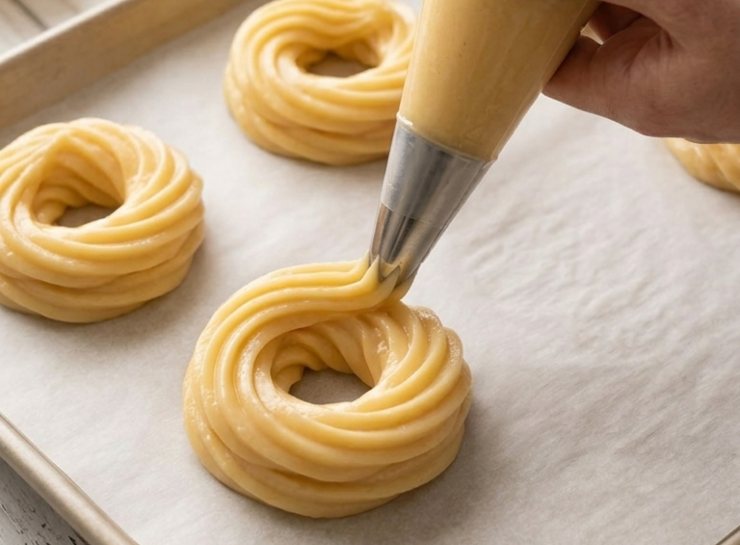 Quando sarà completamente freddo, aggiungete le uova una alla volta: è fondamentale lavorare bene l’impasto per far assorbire completamente ogni uovo prima di unire il successivo. Dovrete ottenere una pasta liscia e lucida. Trasferite l’impasto in una sac à poche con beccuccio a stella grande: su una teglia foderata con carta da forno, formate dei cerchi facendo due giri di impasto uno sopra l’altro. Distanziateli bene perché il volume raddoppierà.