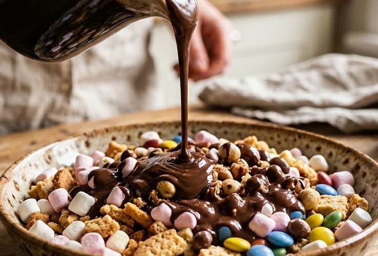 Intanto tritiamo i biscotti e riversiamoli in una ciotola, uniamo quindi le praline e i marhsmallow e mescoliamo. Ricopriamo con il cioccolato fuso e usiamo una spatola per amalgamare il composto;