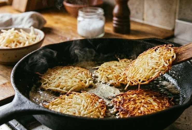 In una padella capiente e antiaderente versiamo il burro e lasciamo sciogliere. Raccogliamo una porzione di composto di patate con un cucchiaio e lasciamo cadere in padella formando un piccolo disco che schiacceremo leggermente col dorso. Ripetiamo fino a riempire di dischi di patate la padella;