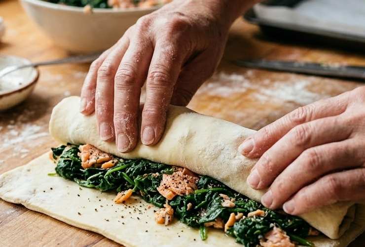 Stendiamo il rotolo di pasta sfoglia su di un piano da lavoro e distribuiamo sopra gli spinaci lasciando un po’ di spazio dai bordi. Ricopriamo con il salmone affumicato sminuzzato e avvolgiamo a formare il classico rotolo;