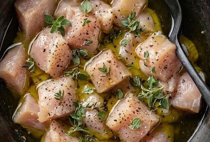 Prendiamo i bocconcini di pollo (o tagliamo la fetta di petto di pollo a pezzi di media grandezza) e riversiamoli in un recipiente. Ricopriamo con un filo abbondante di olio d’oliva, la buccia grattugiata di un limone, sale e aromi a nostro gusto e mescoliamo;