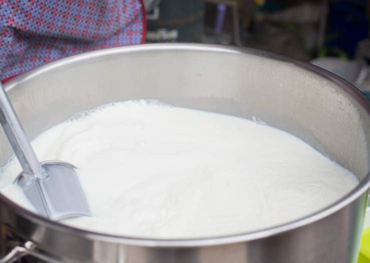 Proseguiamo versando il latte in un tegame insieme alla bacca di vaniglia e portiamo a bollore, quindi spegniamo la fiamma e lasciamo intiepidire. Eliminiamo la bacca e uniamo la panna per dolci, amalgamiamo e teniamo da parte;