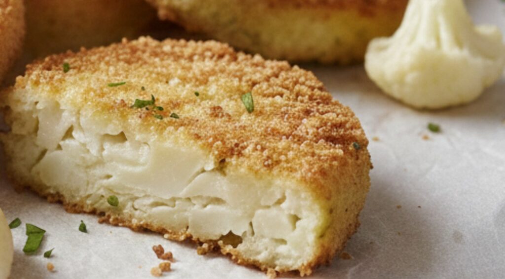 Cotolette di cavolfiore impanate e dorate su un tagliere di legno, una cotoletta tagliata a metà che mostra l'interno morbido, guarnizione con prezzemolo e ciotolina di salsa.