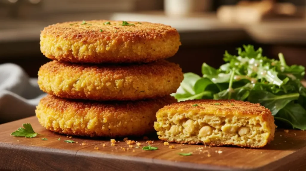 Tre cotolette di ceci dorate impilate su un tagliere di legno, con una cotoletta tagliata in primo piano che mostra i ceci interi all'interno, servite con insalata fresca.