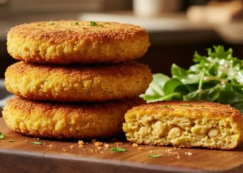 Tre cotolette di ceci dorate impilate su un tagliere di legno, con una cotoletta tagliata in primo piano che mostra i ceci interi all'interno, servite con insalata fresca.